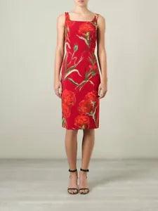 ?? DOLCE & GABBANA Red Carnation Floral Print Square Neck Sheath Dress 6US 42IT