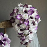 Artificial Plum Purple Cascading Bridal Bouquet/Bridesmaids Bouquets, Faux Real Touch Calla Lilies, White Roses, Royal Purple Lilac Bouquets