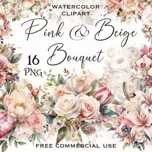 Pink and beige flower bouquet cipart, Watercolor Ranunculus, daisy, lily, rose & peony flower arrangement for collage, Free commmercial use