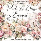 Pink and beige flower bouquet cipart, Watercolor Ranunculus, daisy, lily, rose & peony flower arrangement for collage, Free commmercial use