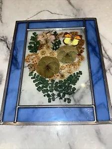 Vintage HandMade Pressed Dried Flower Preserved Butterfly Leaded Glass Wall Art