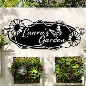 Your Name Metal Hanging Garden Sign, Custom Cottage Name Sign, Personalized Garden Gift, Butterfly and Sunflowers Design Garden Decor, Yard