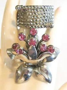UNIQUE VINTAGE PINK RHINESTONE STUDDED DANGLE LILY FLOWER WRAP COIL RING SZ 12