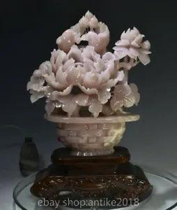 16.2" 100% Natural Pink Xiu Jade Carved Fengshui Peony Flower Bird Wealth Statue