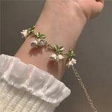 Art Deco Style Womens Enamel Pearl Lily Of The Valley Flower Chain Bracelet Gift