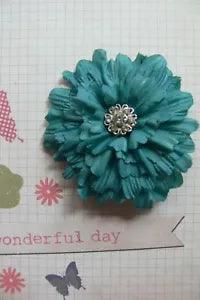 PEONY Flower 7cm Fabric DARK TEAL Ladies Hair Clip & Pin Dress Ready to Wear HC1