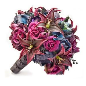 Real Touch Artificial Peonies Navy Plum Burgundy Roses Tiger Lilies Bridal Bridesmaids Bouquets Prom Cascade Bouquet Wedding Arch Flower