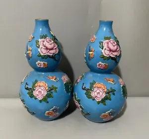 9.8" pair qing dynasty qianlong mark Porcelain colour enamels flower peony vase