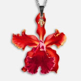 Statement whimsical wooden necklace "NYMPHAEA" orchis orchid red flower flush blossom nostalgic victorian pendant jewelry floral gift