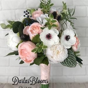 Blush wedding bouquet, Navy & blush artificial flowers, Anemone Peony bouquet, Silk wedding flowers, Pink navy bouquet, Blush bridesmaid
