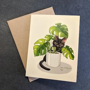 Black Cat and Monstera Plant Card | Design#052 | Thank You | Birthday | Congratulations | Blank Note Card