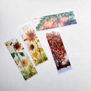Watercolor art bookmarks set of 2 or 4, laminated prints of original watercolour art, choose from sunflowers or fall set, book lover gift