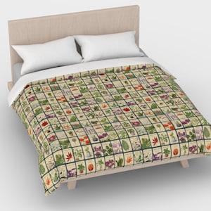 Botanical Illustrations 100% Cotton Sateen Duvet Cover Smoke-Blue Background, Medium Scale Print