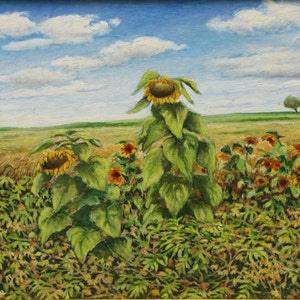 Original Painting, Oil Painting, Sunflower Painting, Landscape Painting, Garden Painting, Flower Painting, Audet, "The Head In The Clouds"