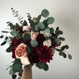 Boho Wedding Bouquet Burgundy Beige Preserved Eucalyptus Wedding Maroon Bouquet Deep Red Flowers Cream Mauve Faux Flowers Wedding Dusty Rose