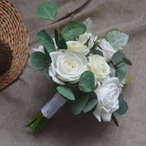 Ivory White Roses Eucalyptus Silk Wedding Bouquets Real Touch Roses Rustic Boho Chic Bridal Bouquets