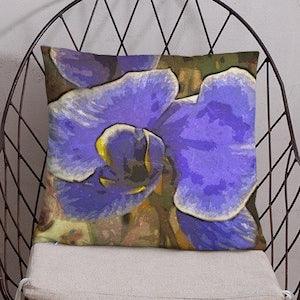 Blue orchid plant unique throw pillow, Rare orchid bouquet decorative accent, Botanical print spring pillow, Lavender orchid pot cushion