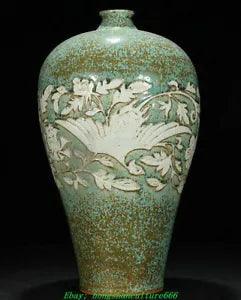 16.9" Yuan Dynasty Green Glaze Porcelain Peony Flower Phoenix Bottle Vase