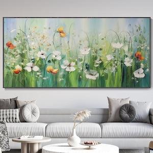 Abstract Green Meadow Orchid Landscape Art, Large Green Botanical Textured Canvas Oil Painting, Original Living Room Art Decor, Gift for Mom