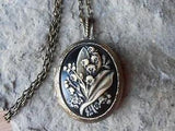 LILY OF THE VALLEY HAND PAINTED BLACK CAMEO LOCKET-ANTIQUE BRONZE, VINTAGE LOOK