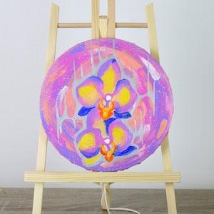 Orchid Acrylic Painting - Vibrant Purple, Pink and Yellow Blossoms, Silver Stars & Dots - Unique Wall Art, Stunning Gift