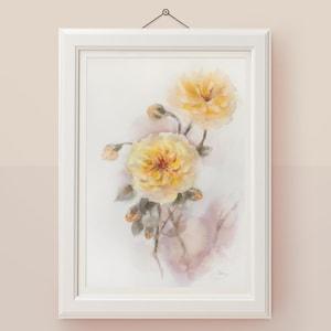Rose painting Original watercolor art Yellow flowers wall art Floral artwork