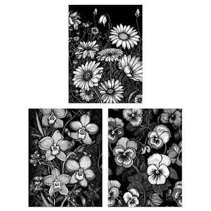 Elegant Spring Flowers Daisies Orchids Peonies Black White A4 Poster 3 Pack