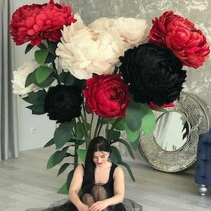 Giant paper flowers, flowers with stem, wedding decoration, tall large paper peonies, paper roses, foam flowers, flower wall decor, event