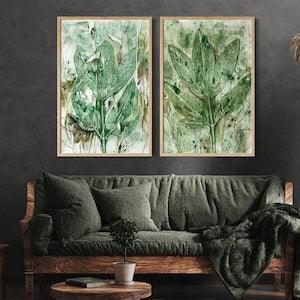 Set of 2 Abstract Botanical Prints, Emerald Green Leaves Painting, Tropical Wall Decor, Nature Painting, Large Green Wall Decor Prints Art
