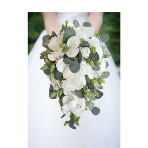 Eucalyptus Cascade Bridal Bouquet - Hops Real Touch Orchids White Peonies Roses - Add a Groom's Boutonniere Bridesmaids & More