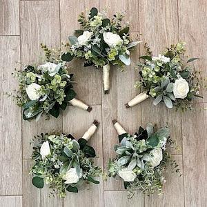 Boho ivory rose greenery bridesmaid bouquet eucalyptus  bridal wedding bouquet, Lambs ear sage boutonni¡§¡§re, wrist corsage ivory satin ribbon