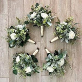 Boho ivory rose greenery bridesmaid bouquet eucalyptus  bridal wedding bouquet, Lambs ear sage boutonni¡§¡§re, wrist corsage ivory satin ribbon