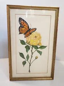 Monarch Butterfly Yellow Carnation Flower Mid Century Folk Art Pastel Drawing