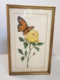 Monarch Butterfly Yellow Carnation Flower Mid Century Folk Art Pastel Drawing