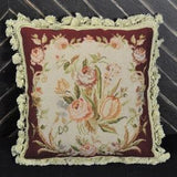 Wool Needlepoint Throw Pillow Cover | Rose Bouquet Burgundy Red Needlepoint Pillowcase | French Antique Style Floral Cushion Cover 16x16