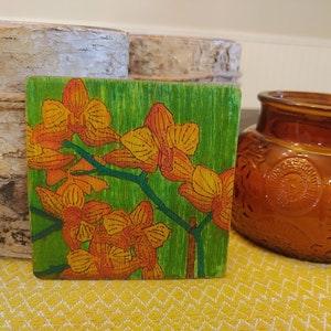 Yellow orchid painting - combination wood burning and watercolor - original small floral art decor - 4" x 4"