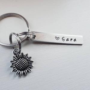 Hand Stamped Sunflower Keychain With Name and Sunflower Charm - Personalized Flower Key Chain