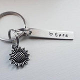 Hand Stamped Sunflower Keychain With Name and Sunflower Charm - Personalized Flower Key Chain