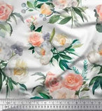 Soimoi White Velvet Fabric Begonia & Peony Floral Printed Craft-LXK
