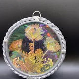 Vintage Pressed Dried Flowers Wall Hanging 4.5" Round Silver-toned Spiral Frame