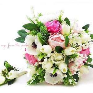 Real Touch Bouquet Anemone Lily of the Valley Peonies Tulip Roses Greenery - add a Groom's Boutonniere Matching Corsage Cake Flowers & More!