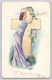 Postcard Tucks Easter Elegant Young Lady Wrapping Lily Flowers Around Cross RPO