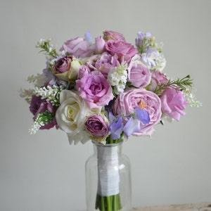 Fake Flowers Bridal Bouquets, Lilac Purple Mauve Wedding Bouquet, Light Warm Lavender Real Touch Flowers, Purple Wedding Bouquet