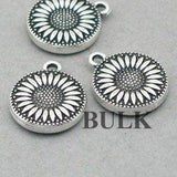 BULK 25 Daisy Flower Charms, Wholesale Sunflower pendant beads, Antique Silver 15mm CM0811S
