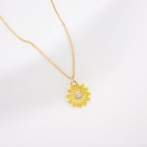 Dainty Yellow Enamel Sunflower Necklace, Floral Necklace, 14K Gold Filled, Stylish, Elegant, Wedding, Bride, Bridesmaid Gift For Her