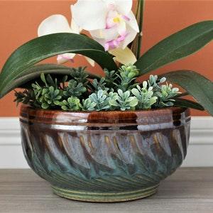Planter Cachepot Majolica Pottery Vintage Ceramic Flowerpot Embossed Pattern Green Brown Cache Pot Artisan Hand Crafted Rustic Garden D???cor