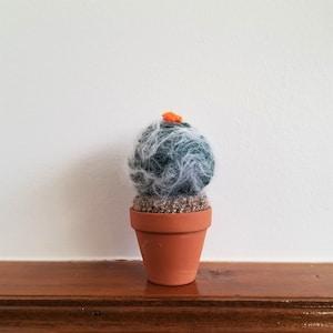 Georgiana 1 - Round Fluffy Crochet Cactus - Crochet Cactus, Fake Cactus, Fluffy Plant, Dark Green with Flower Cactus - Ready to Ship