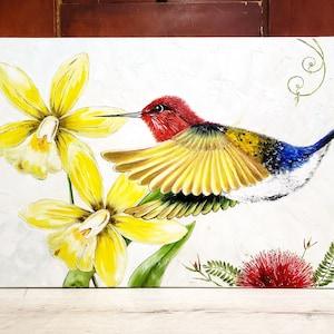 Large hummingbird art decor, Orchid oil painting, Colorful floral artwork Hummingbird and orchid butterfly wall art canvas Hummingbird gifts