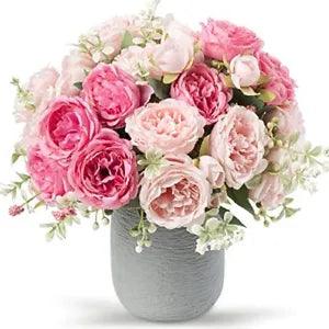 Artificial Peonies Silk Flowers, Pink Faux Peony Bouquet 4 Bundles Mix Pink