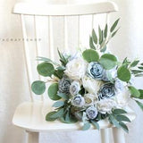 Artificial Bridesmaid Bouquet Set Dusty Blue Rose and White Peony Wedding Bouquet Boho Wedding Flower Bouquet Sage Green Eucalyptus leaves
